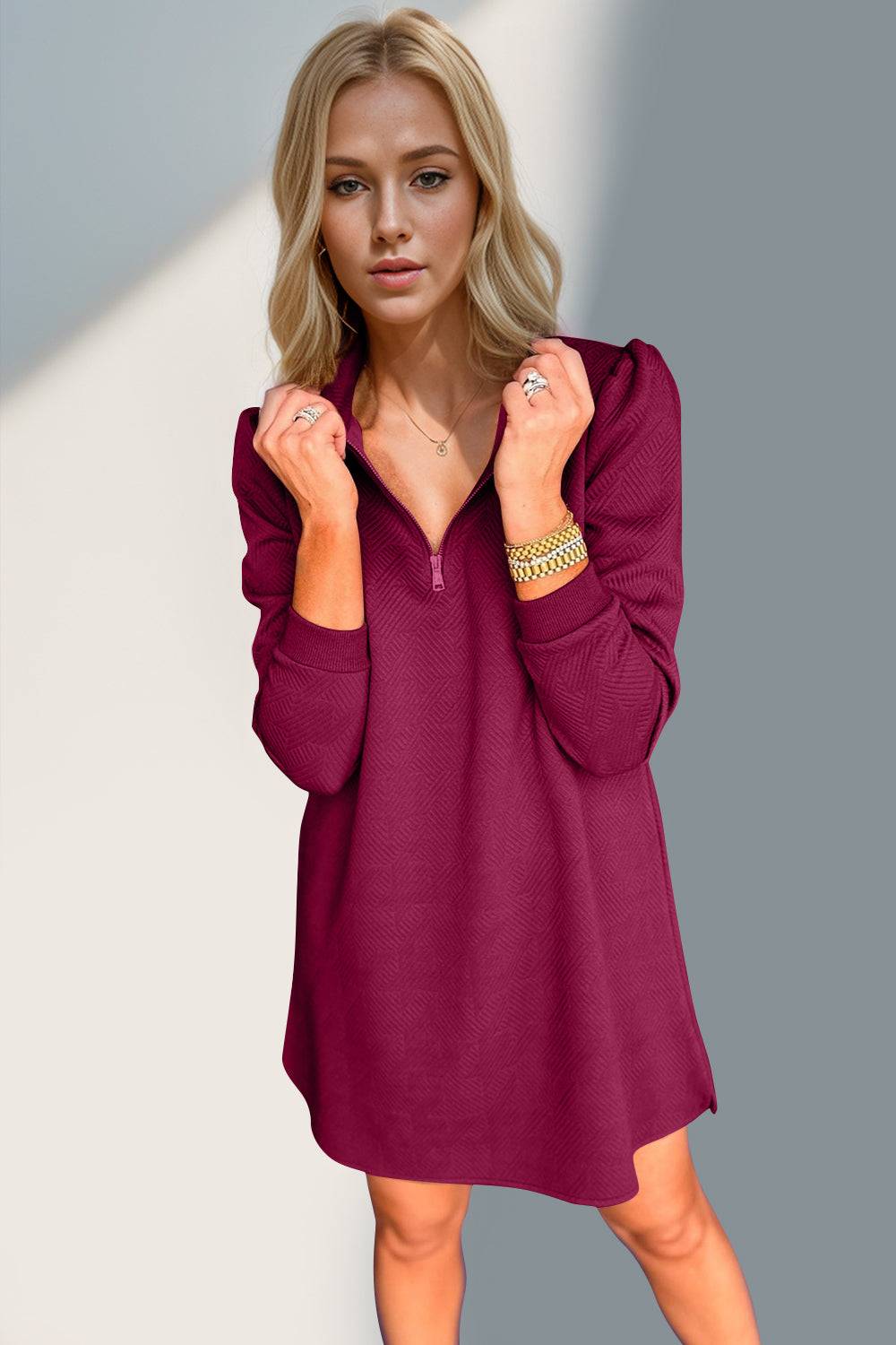 Double Take Textured Quarter Zip Long Sleeve Dress - Clothes For Her Online Store