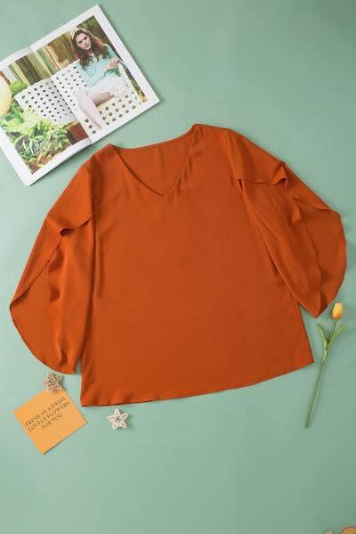 Plus Size V-Neck Petal Sleeve Blouse - Clothes For Her Online Store