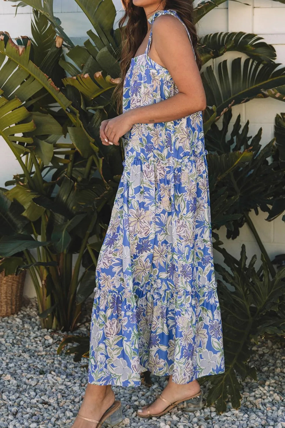 Floral Print Self-tie Straps Flowy Ruffle Dress