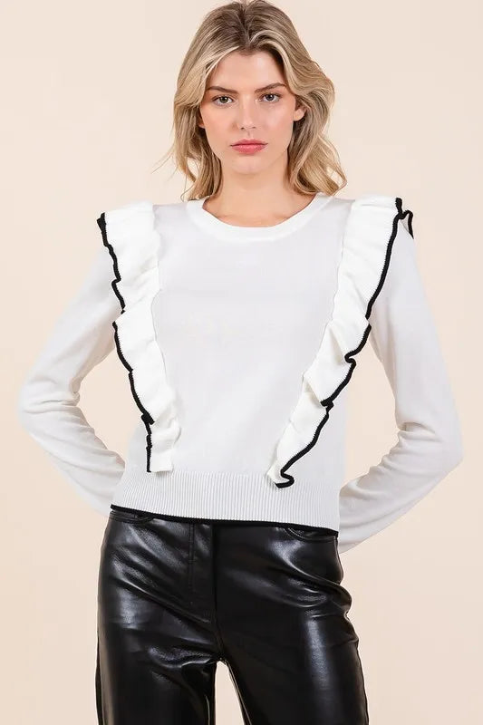 Mittoshop Contrast Trim Ruffled Round Neck Knit Top
