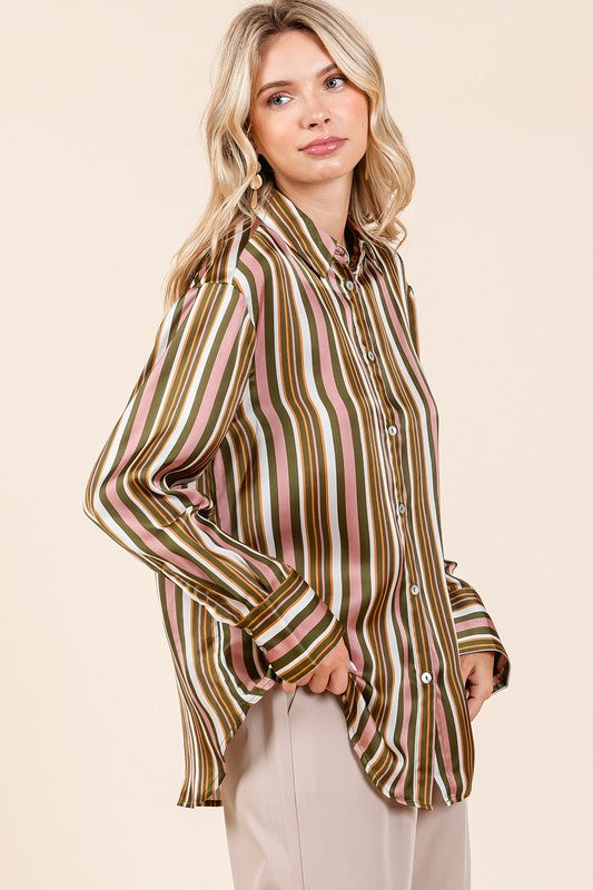 Mittoshop Striped Button Down Satin Shirt - Clothes For Her Online Store