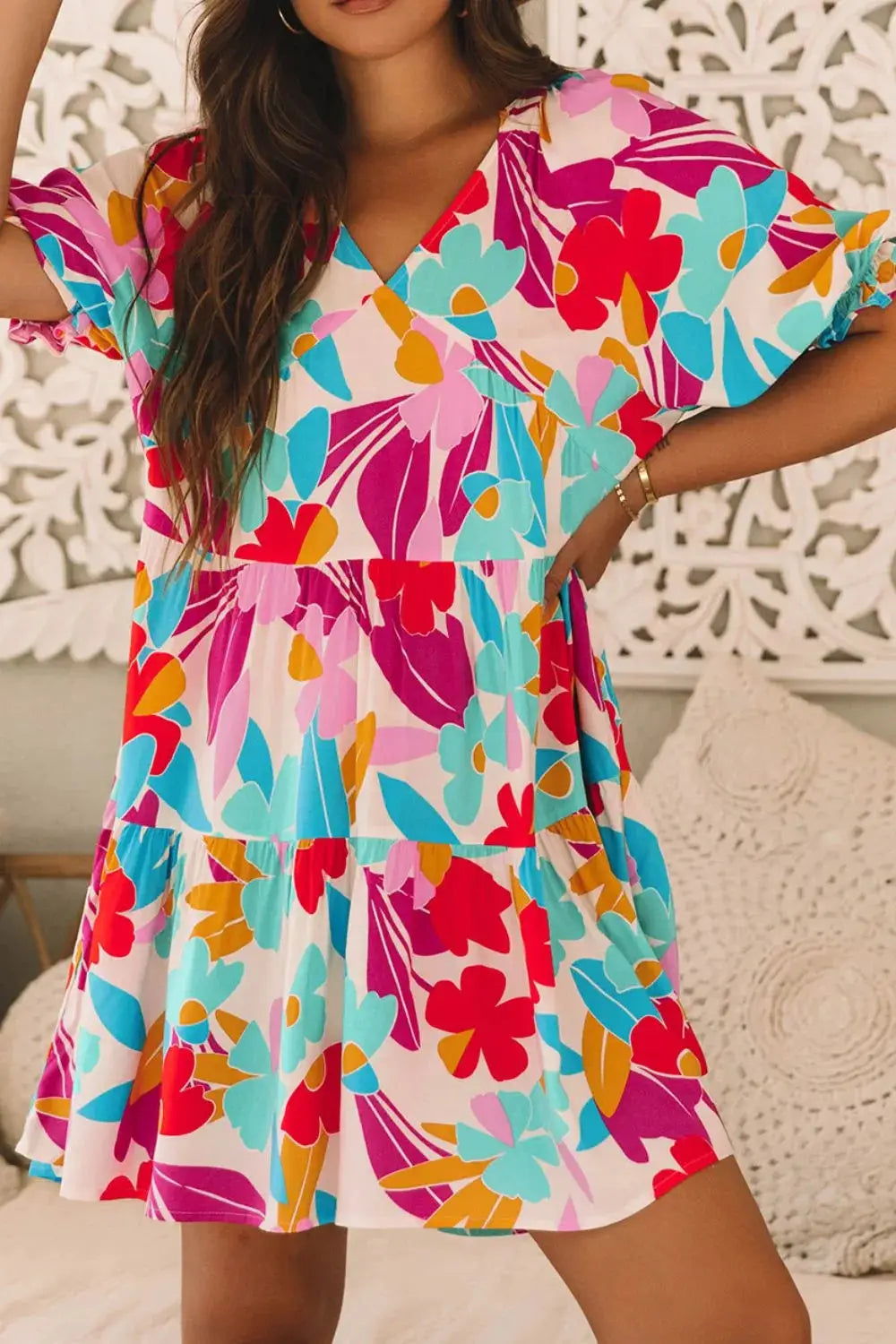 Floral Bubble Sleeve V Neck Tiered Ruffle Babydoll Dress - Clothes For Her Online Store