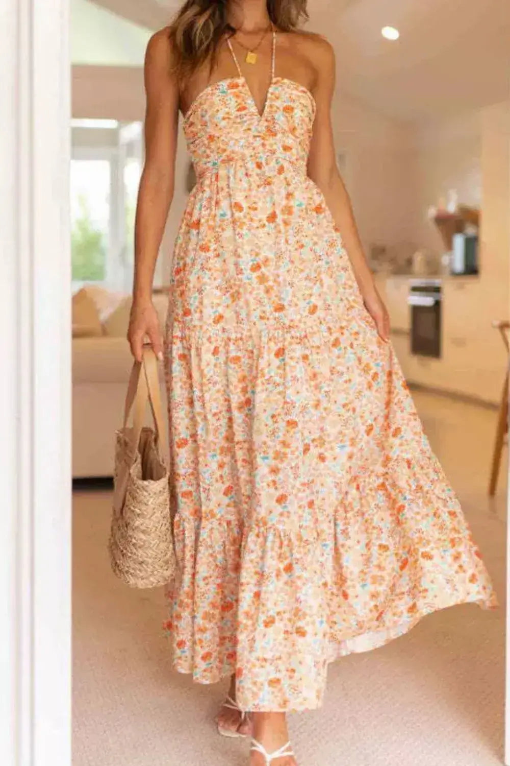 Floral Halter Neck Tiered Maxi Dress