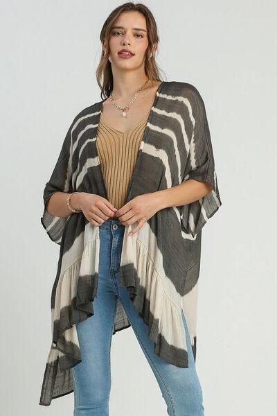 Umgee Full Size Tie Dye Back String Tie Open Front Kimono Sleeve Cover Up Plus Size