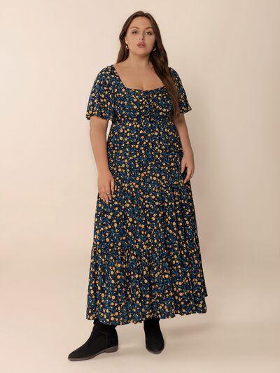 Plus Size Printed Short Sleeve Slit Tiered Maxi Dress