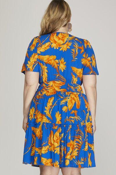She + Sky Full Size Printed Notched Short Sleeve Frill Tiered Dress Plus Size - Clothes For Her Online Store
