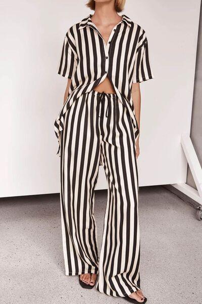 Striped Collared Neck Half Sleeve Top and Pants Set - Clothes For Her Online Store