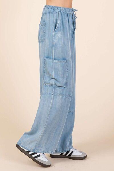 Mittoshop Washed Elastic Waist Cargo Wide Leg Pants - Clothes For Her Online Store