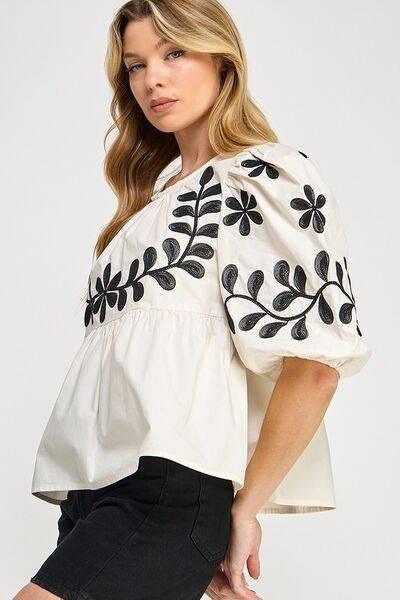 SAGE+FIG Puff-Sleeve Embroidered Peplum Blouse