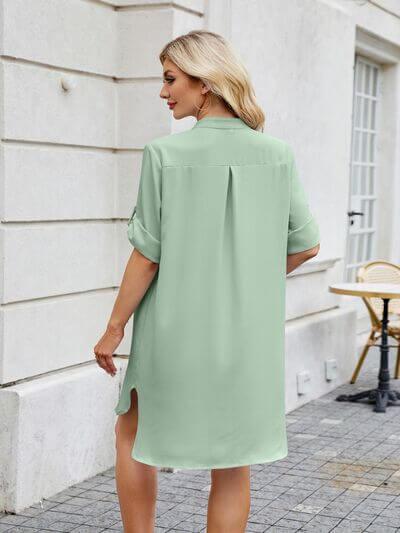 Notched Long Sleeve Mini Shirt Dress