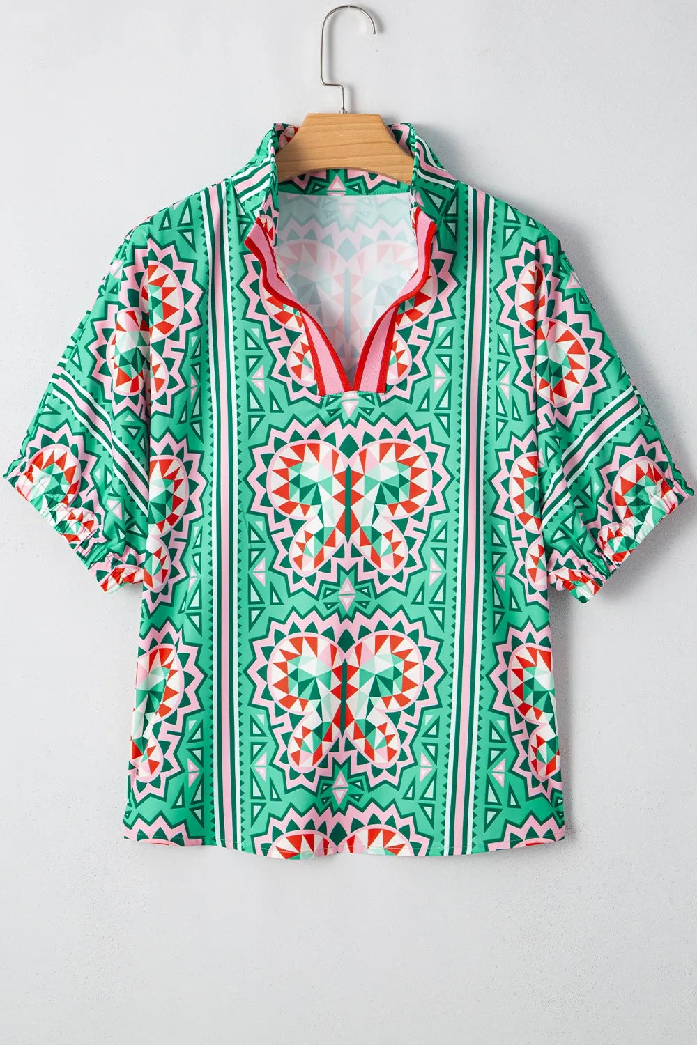 Boho Abstract Print Contrast Striped Collared V Neck Blouse
