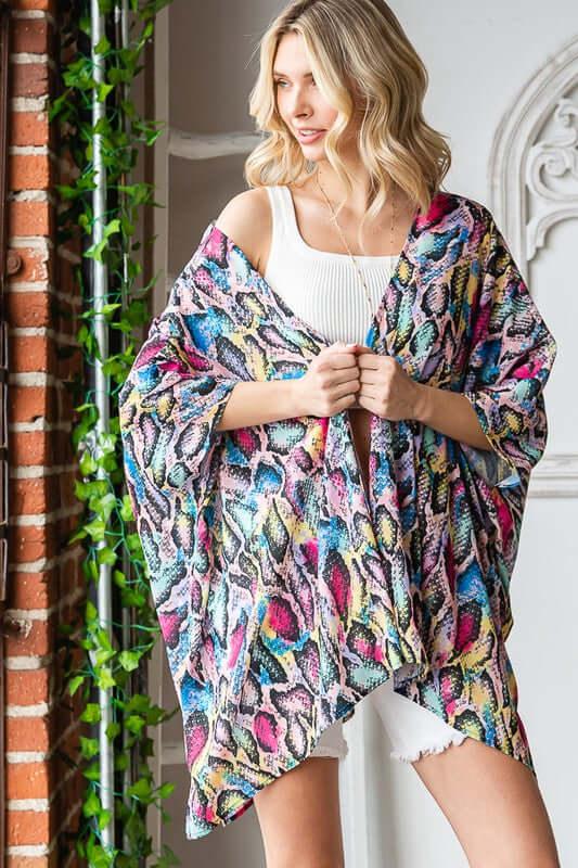 Heimish Full Size Multi Color Snake Open Cardigan Plus Size