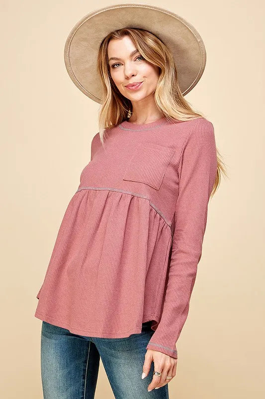 Lime 'N' Chili Waffle Knit Babydoll Top with Left Pocket Detail