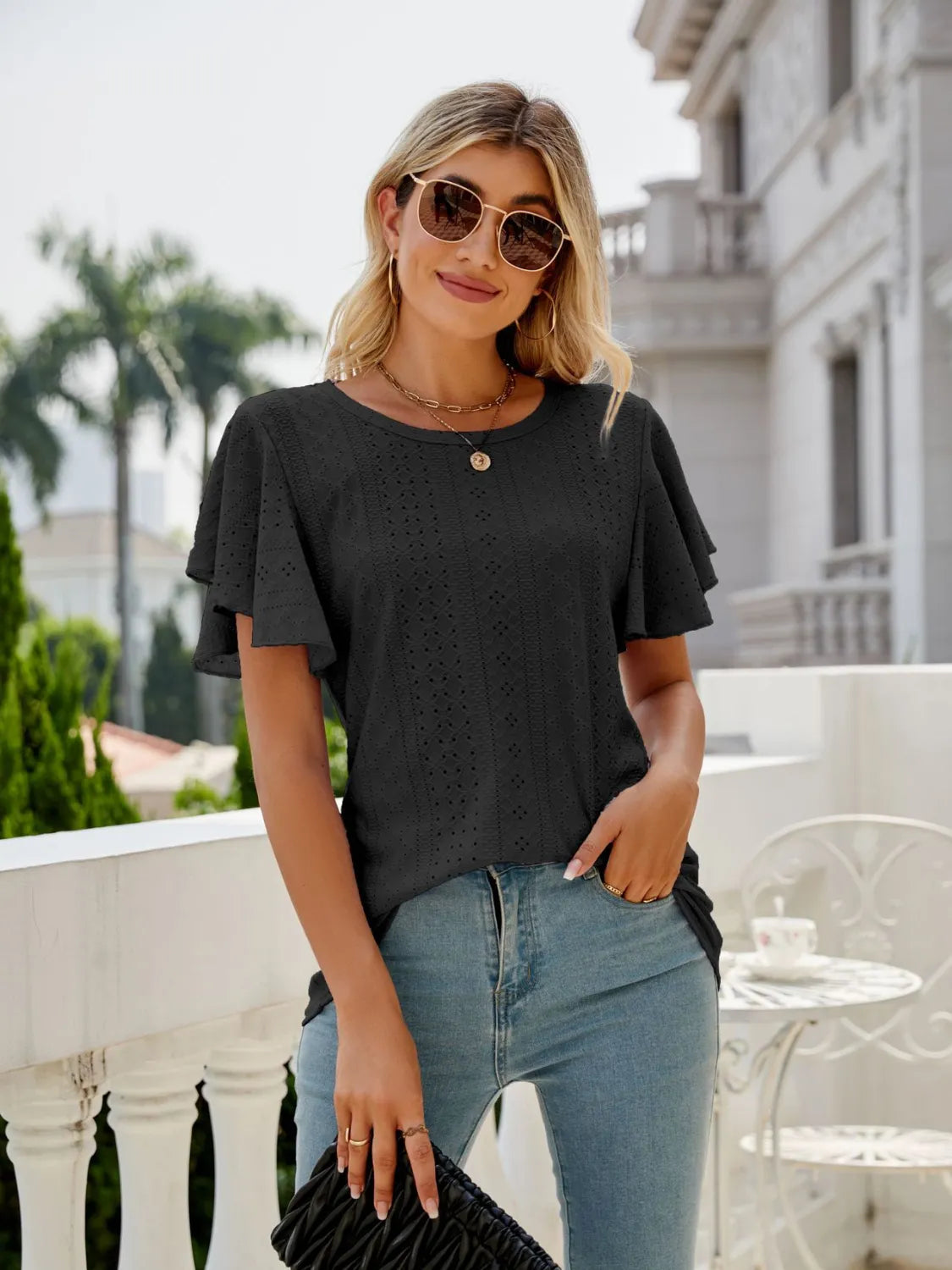 Round Neck Flutter Sleeve T-Shirt