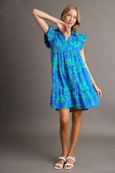 Umgee Full Size Floral Print Ruffle Cap Sleeve Tiered Dress Plus Size