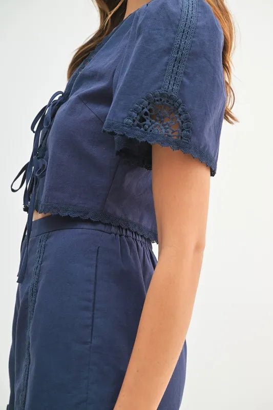 MABLE Crochet Lace Detail Crop Top and Shorts Set - Clothes For Her Online Store
