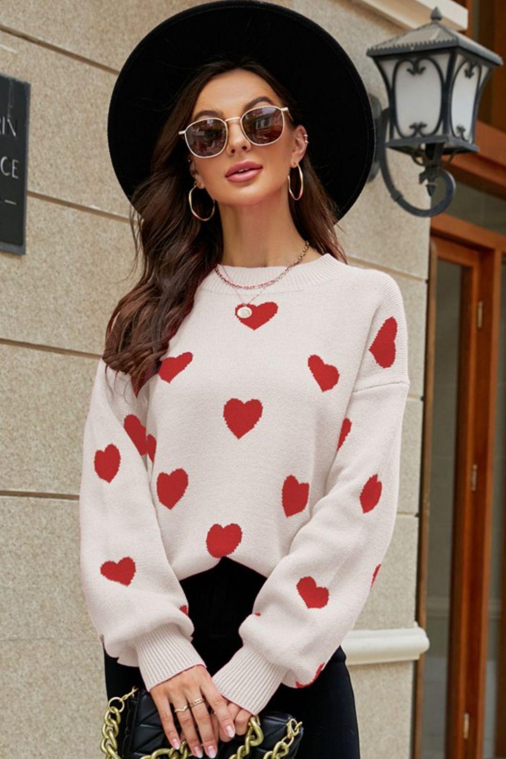 Woven Right Heart Pattern Lantern Sleeve Round Neck Tunic Sweater - Clothes For Her Online Store