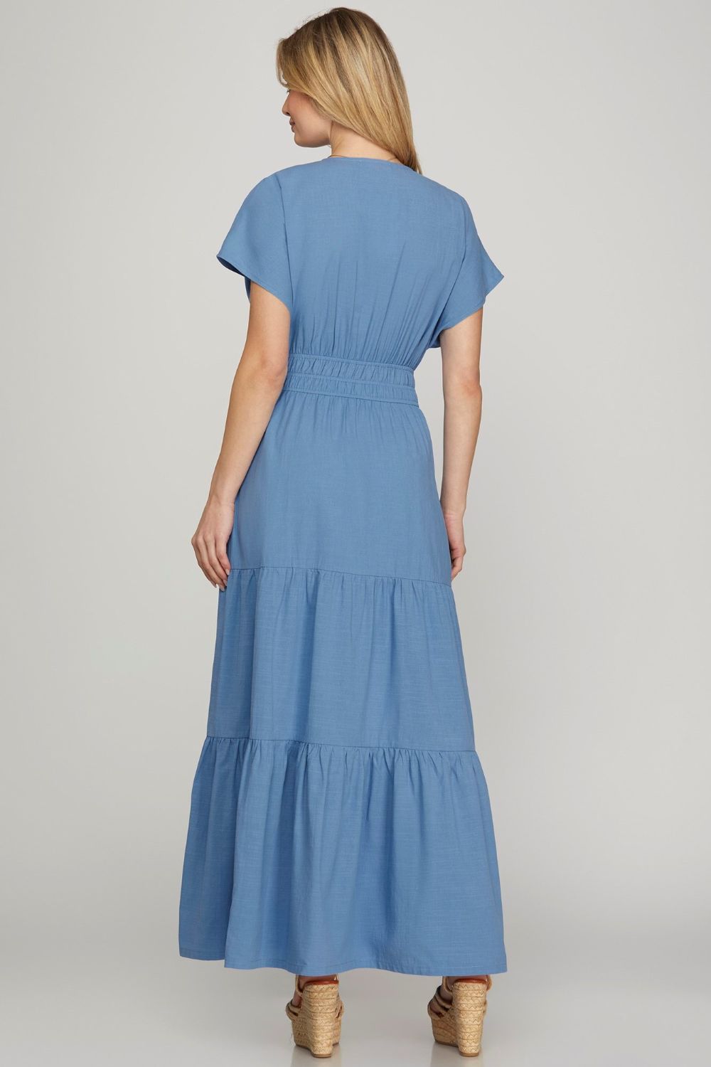 She + Sky Surplice Short Sleeve Tiered Maxi Dress With Pockets - Clothes For Her Online Store