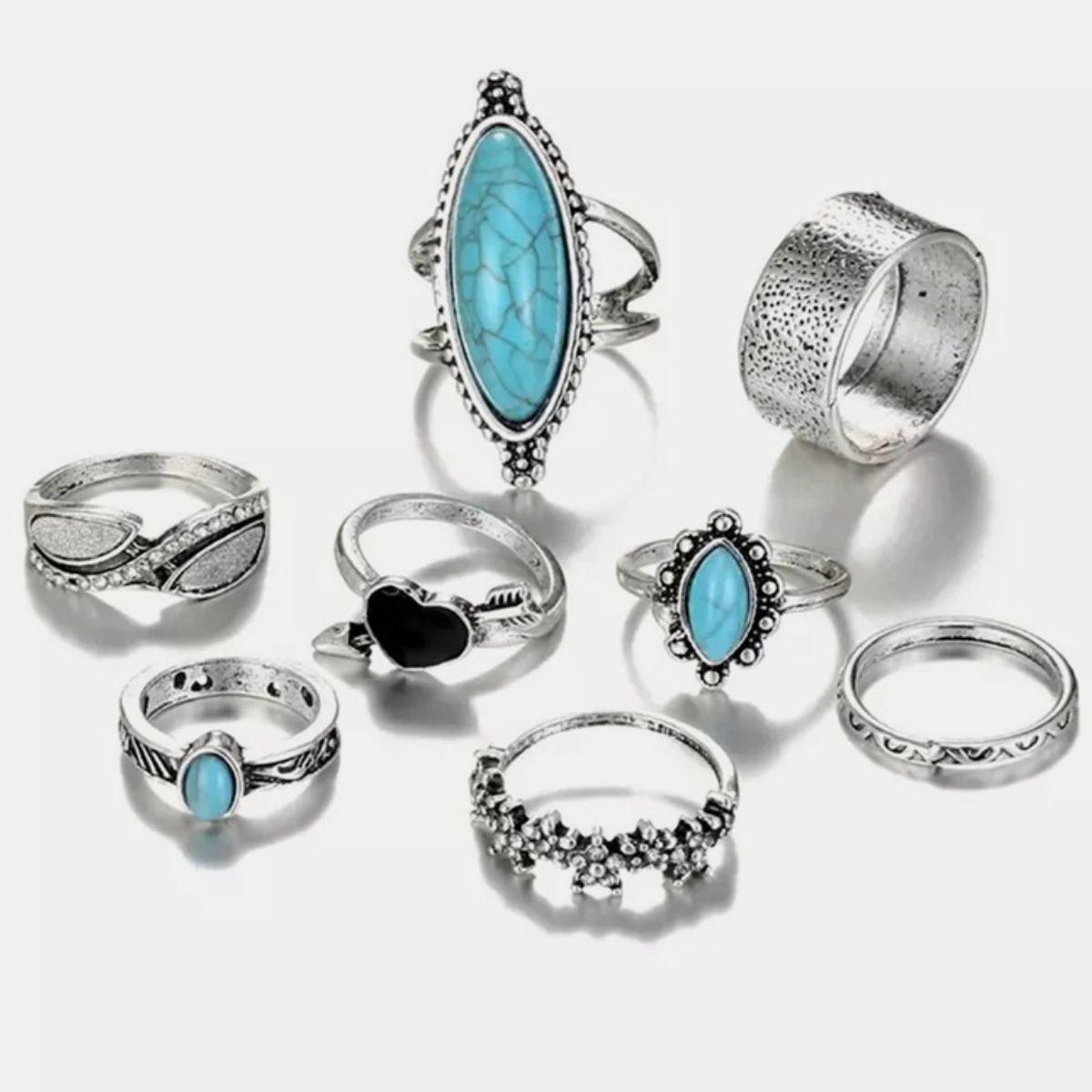 Turquoise Alloy 8-Piece Ring Set - Clothes For Her Online Store