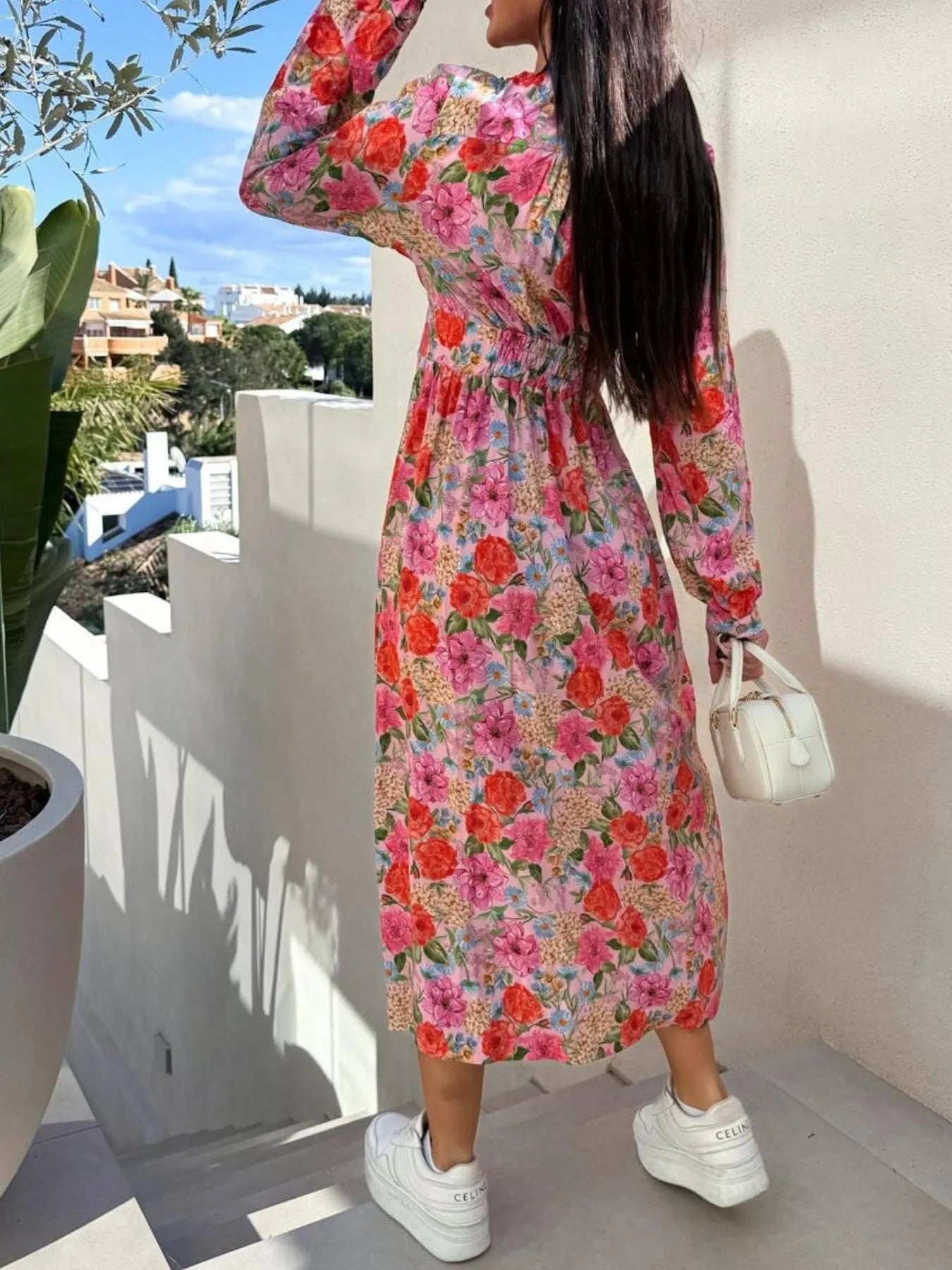 Floral Print Long Sleeve V-Neck Dress