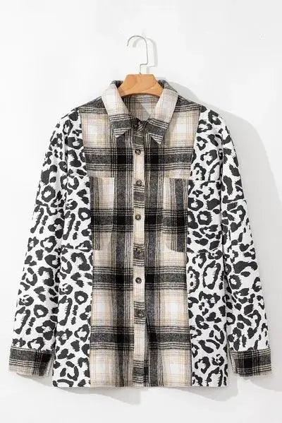 Plus Size Leopard Plaid Button Up Long Sleeve Shacket - Clothes For Her Online Store