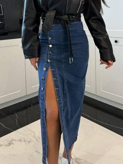 Front Button Slit Midi Denim Skirt