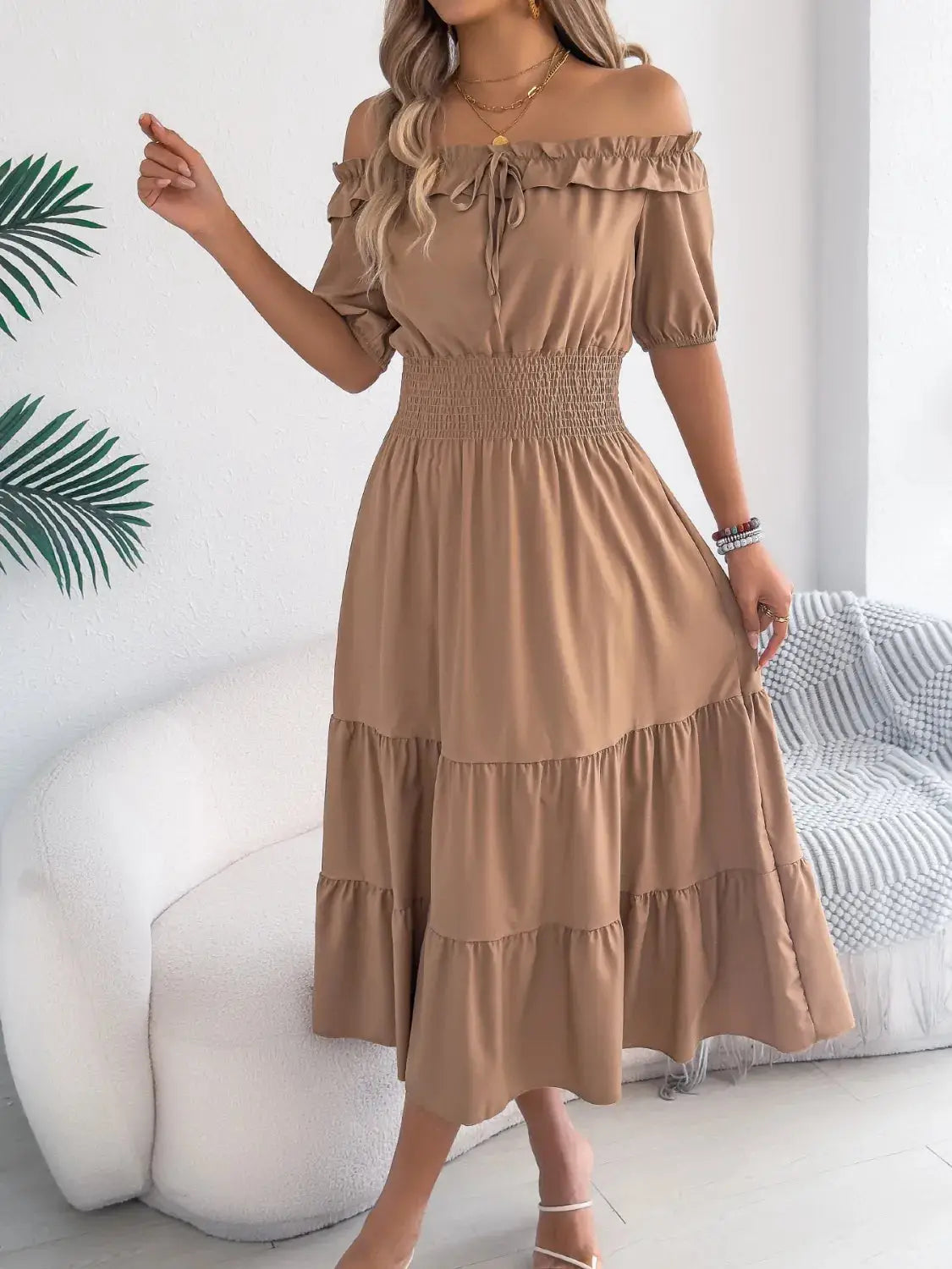 Smocked Off-Shoulder Tiered Dress - Clothes For Her Online Store