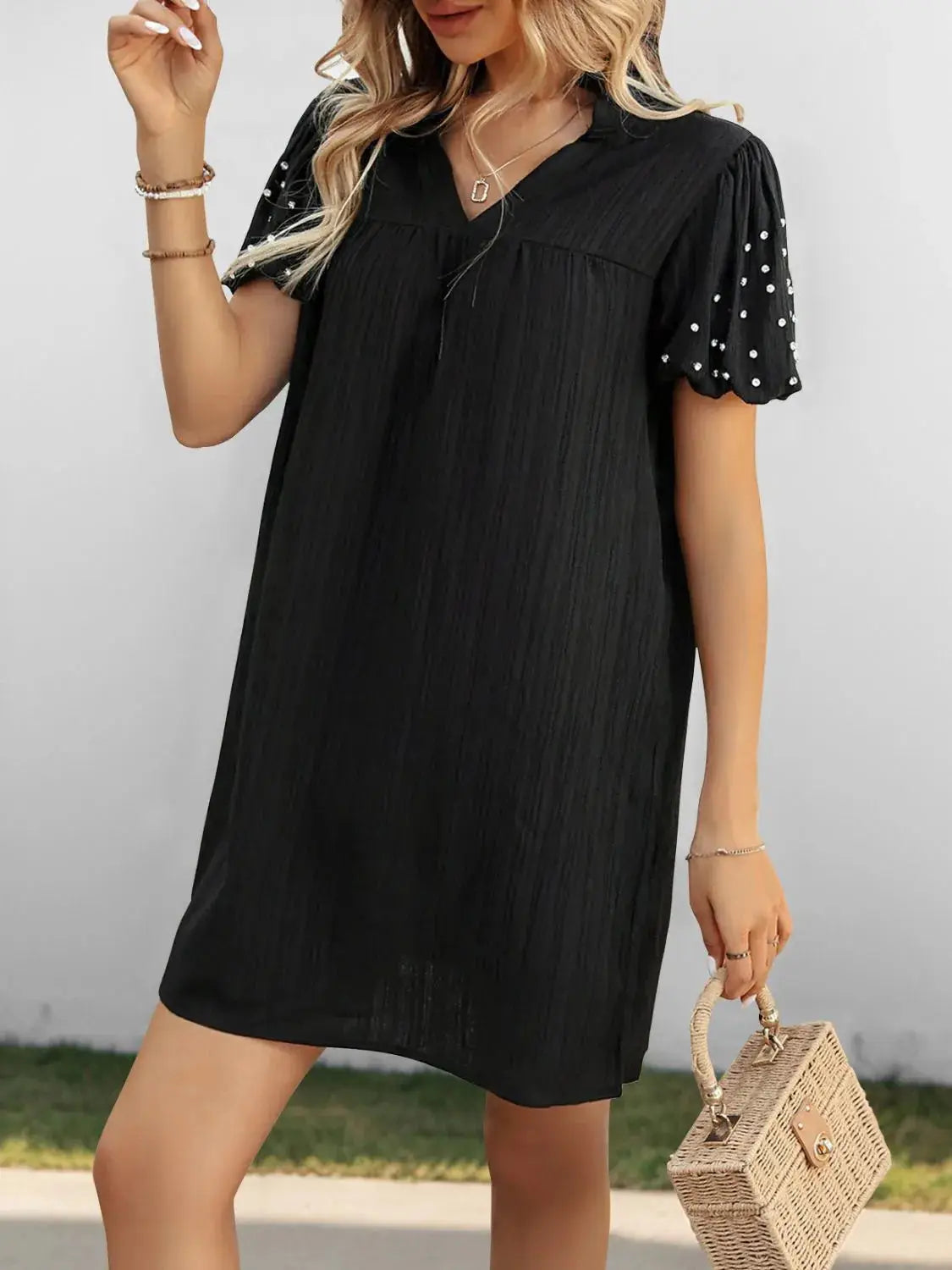Textured V-Neck Short Sleeve Mini Dress - Clothes For Her Online Store