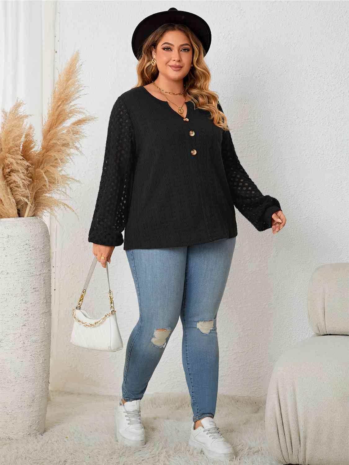Honey Plus Size Openwork Notched Button Front Blouse - Clothes For Her Online Store
