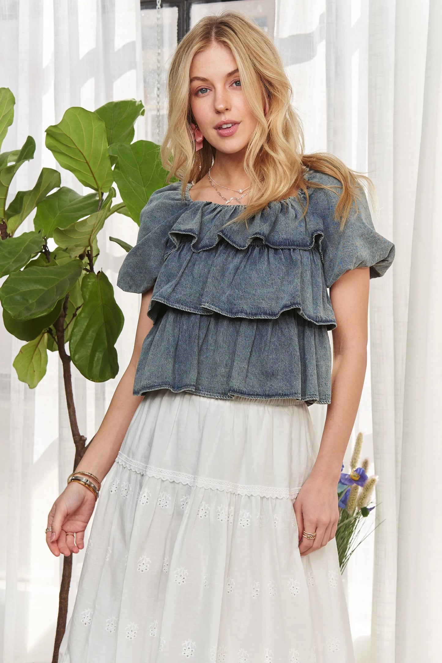 ADORA Washed Denim Layered Ruffle Blouse
