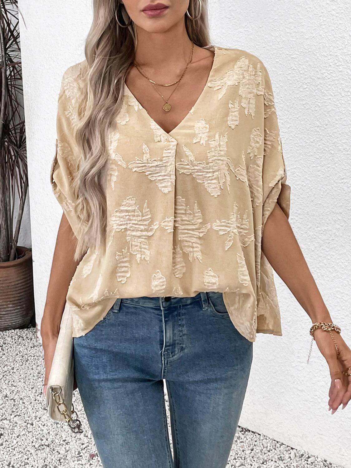 Perfee V-Neck Half Sleeve Blouse