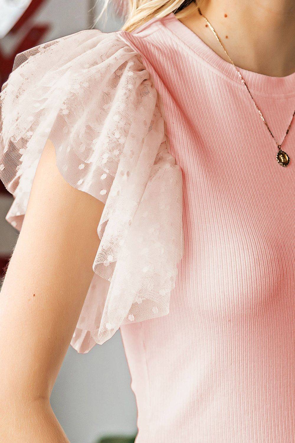 Ruffled Round Neck Cap Sleeve Blouse - Clothes For Her Online Store