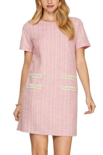 She + Sky Full Size Short Sleeve Pearl Studded Trim Knit Tweed Dress Plus Size - Clothes For Her Online Store