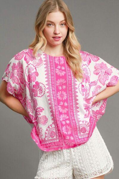 Umgee Full Size Floral Border Print Oversized Top Plus Size - Clothes For Her Online Store