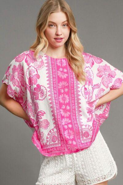 Umgee Full Size Floral Border Print Oversized Top Plus Size