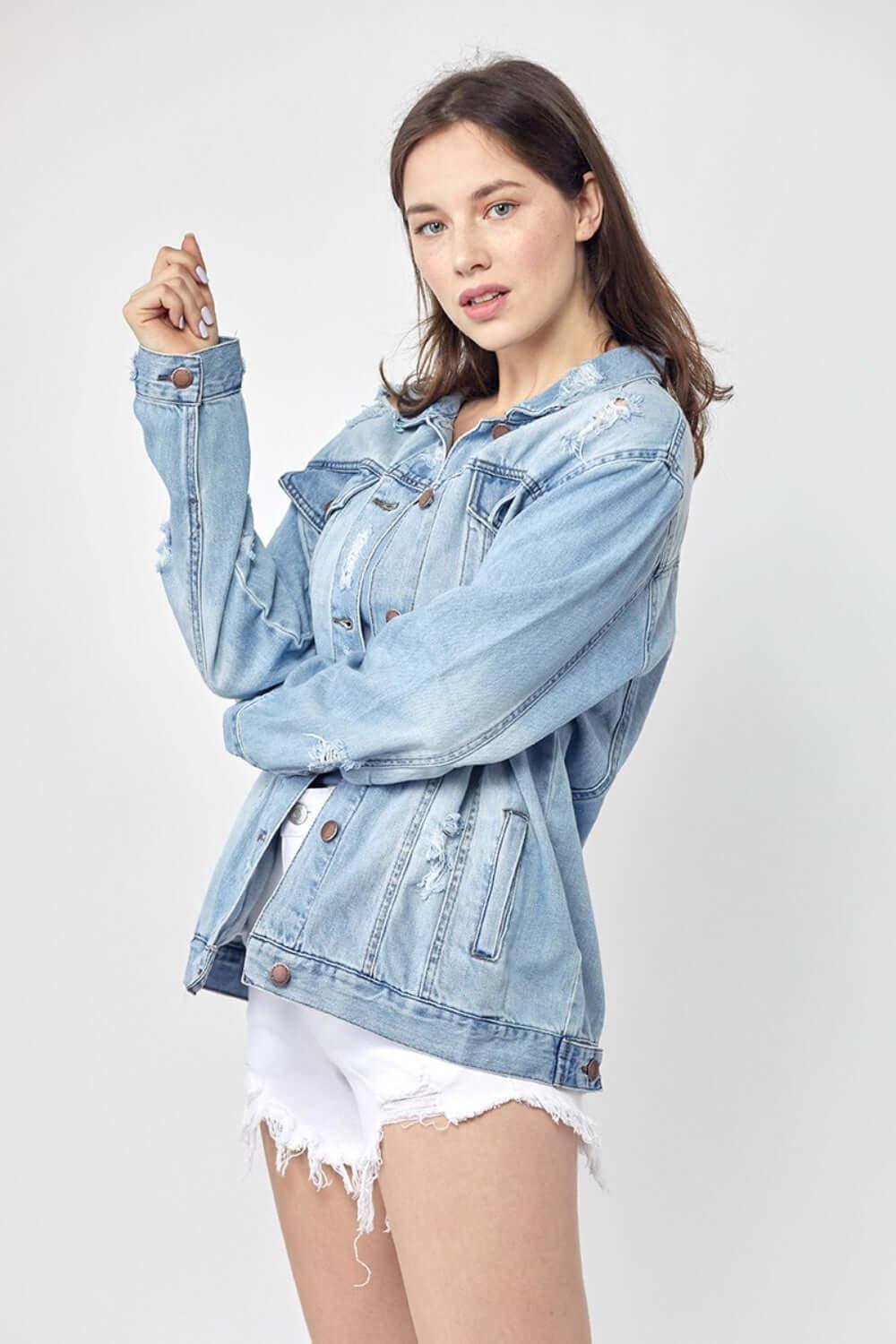 RISEN Full Size Distressed Long Sleeve Denim Jacket Plus Size