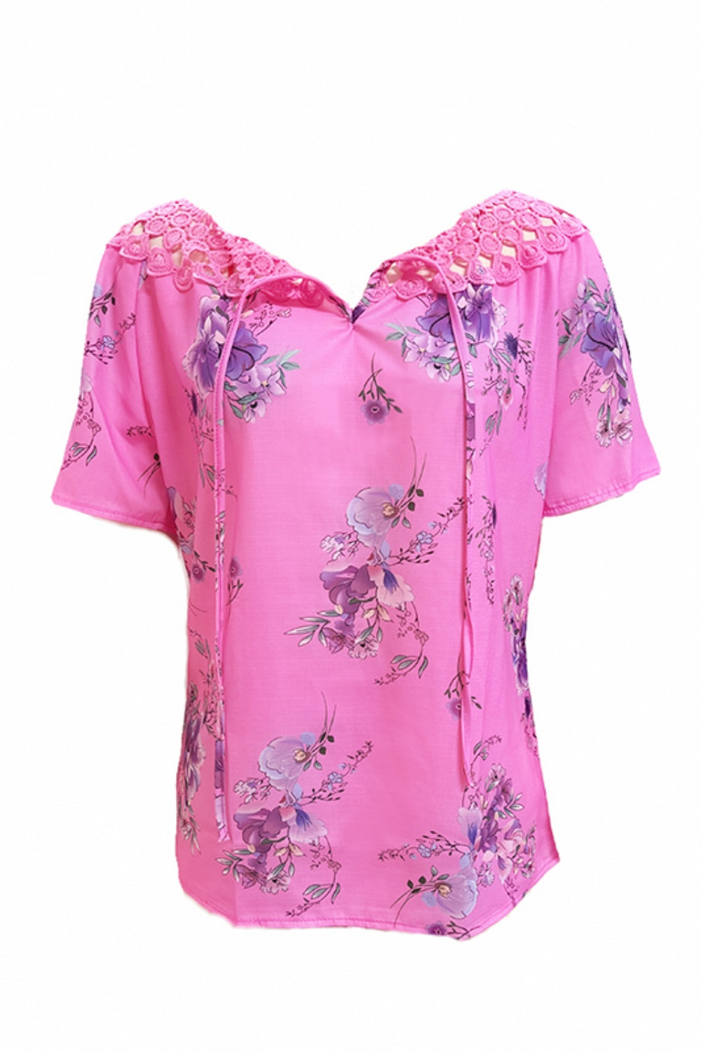 Full Size Printed Tie Neck Short Sleeve Blouse - Clothes For Her Online Store