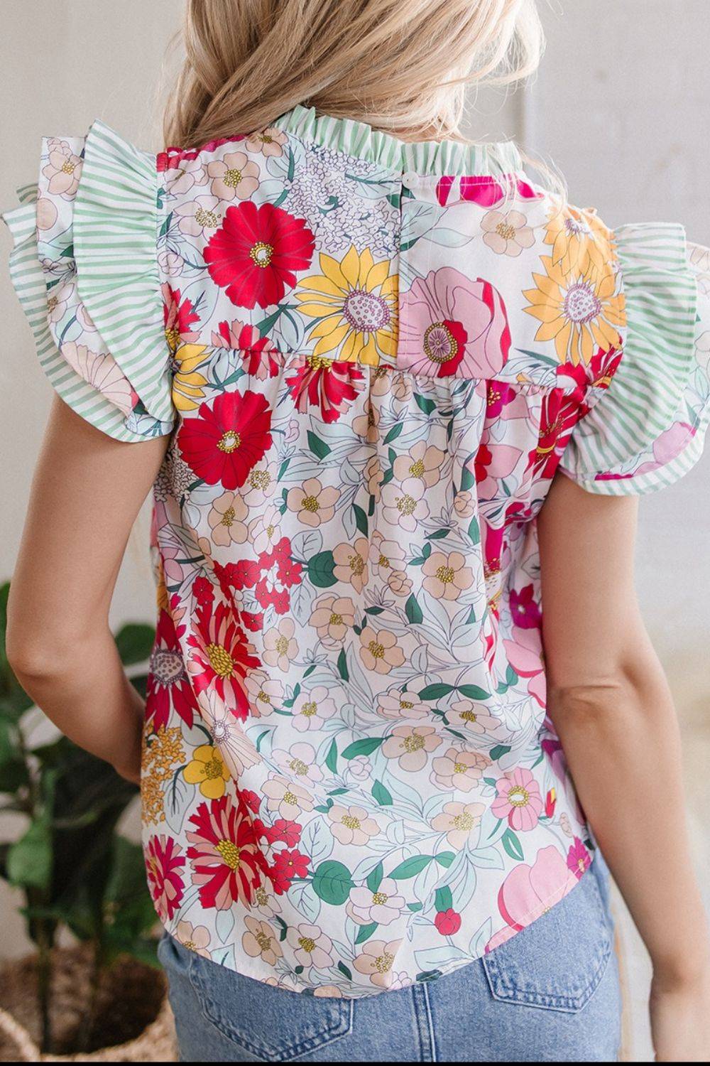 Frill Floral Print Ruffle Cap Sleeve Blouse