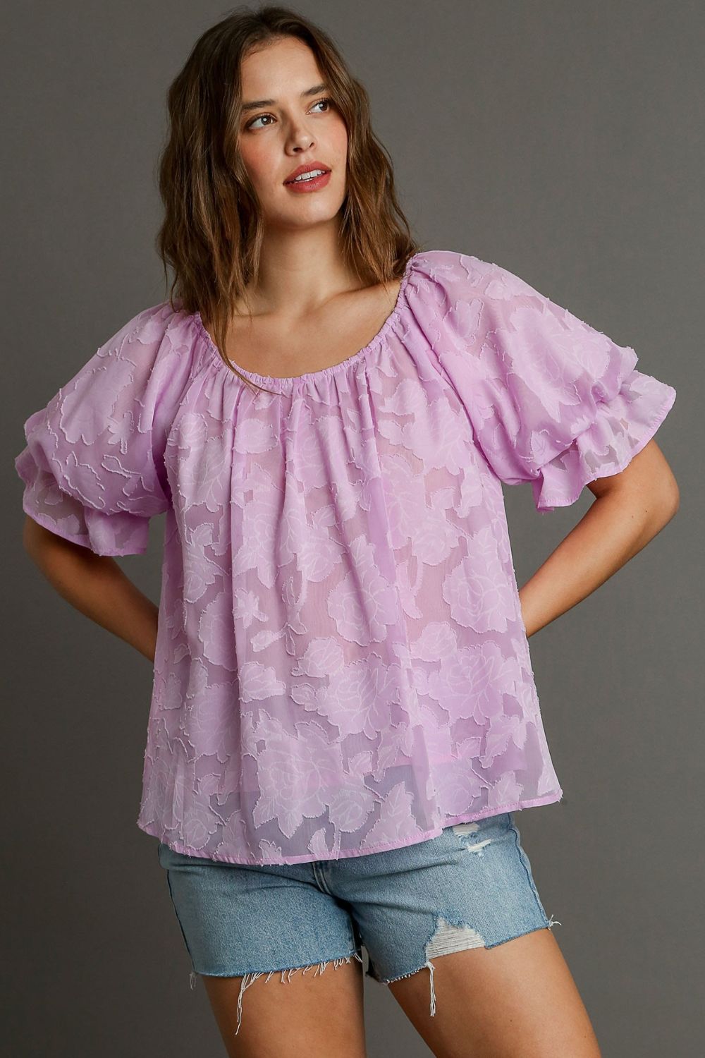 Umgee Full Size Jacquard Round Neck Ruffled Puff Sleeve Blouse Plus Size - Clothes For Her Online Store