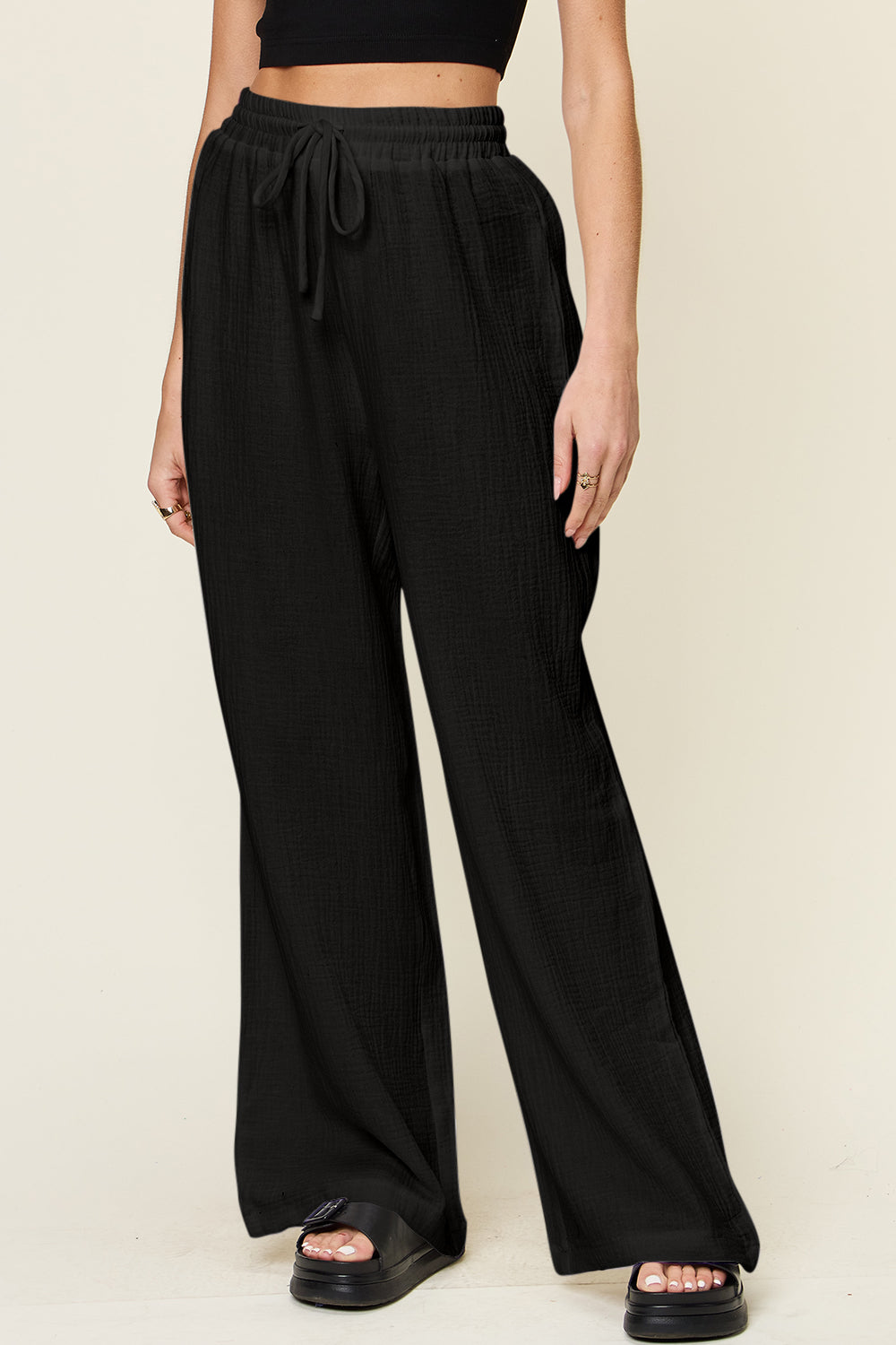 Double Take Full Size Texture Drawstring Wide Leg Pants - Clothes For Her Online Store