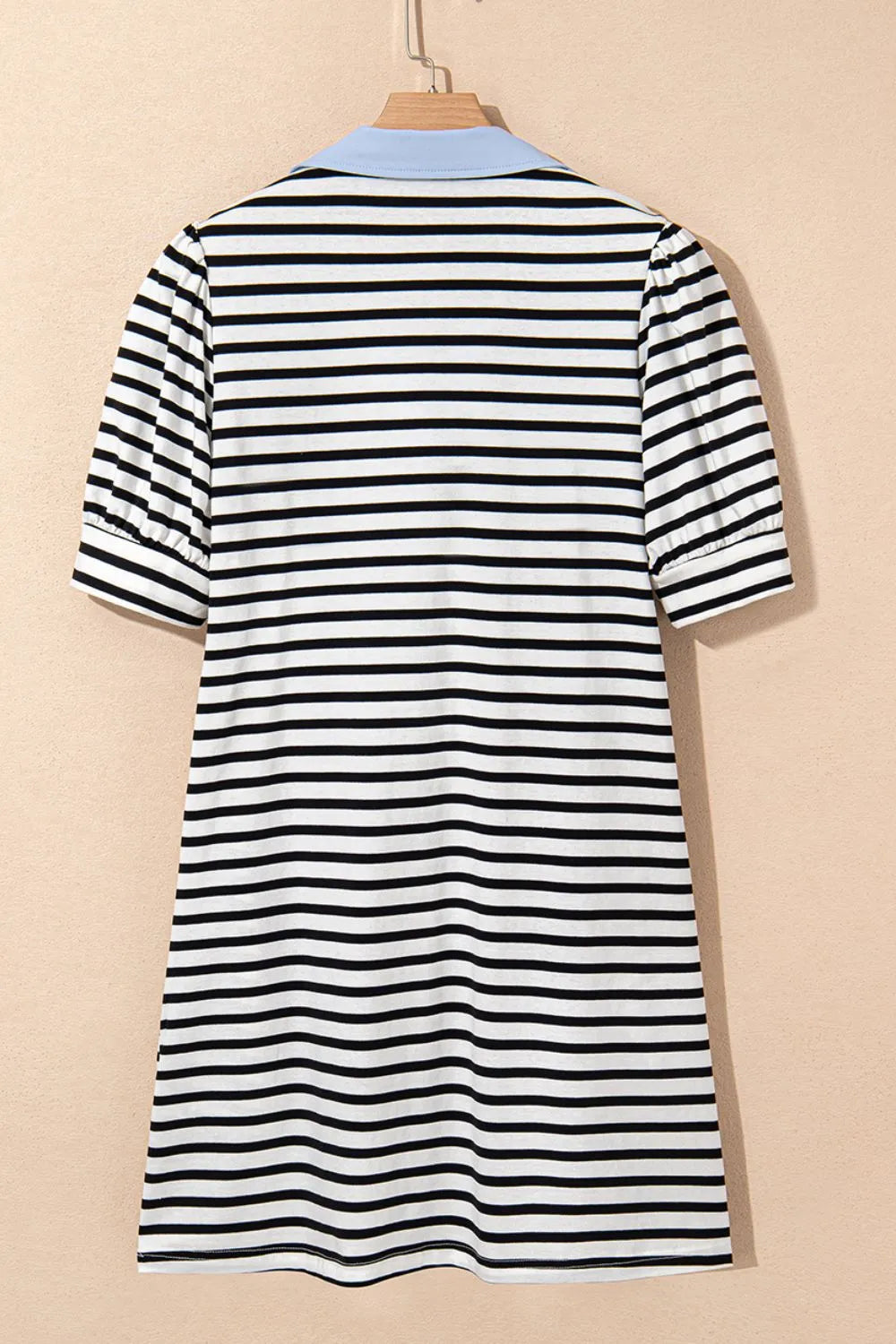 Stripe Contrast V Neck Collared Puff Sleeve T Shirt Mini Dress with Pockets
