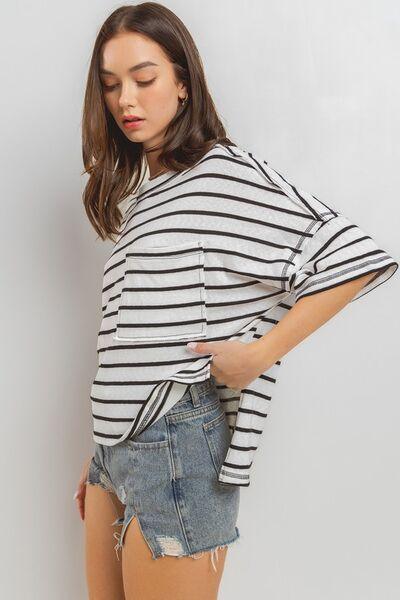 Ces Femme Side Slit Striped Round Neck Half Sleeve T-Shirt - Clothes For Her Online Store