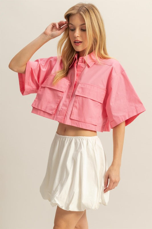 HYFVE Front Pockets Poplin Collared Neck Crop Shirt - Clothes For Her Online Store