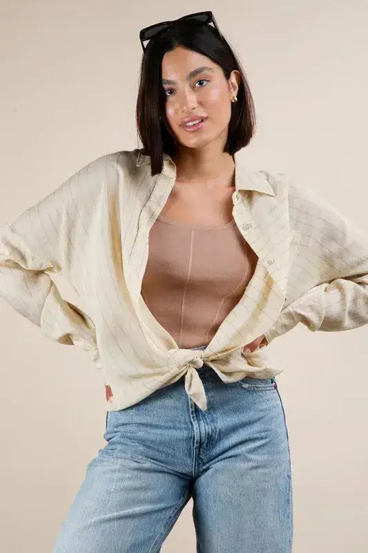 VERY J Oversized Striped Button Down Shirt Top - Clothes For Her Online Store