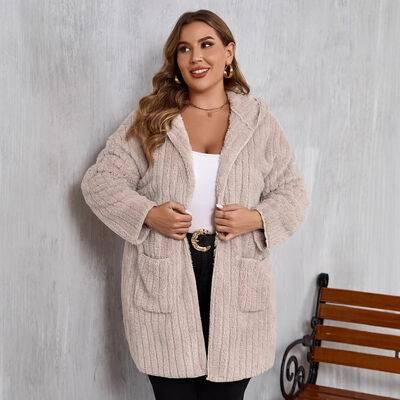 Plus Size Open Front Long Sleeve Hooded Fuzzy Jacket - Clothes For Her Online Store