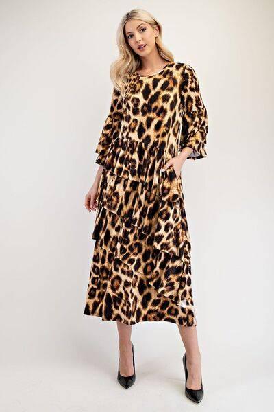 Celeste Full Size Leopard Asymmetrical Ruffle Midi Dress Plus Size - Clothes For Her Online Store