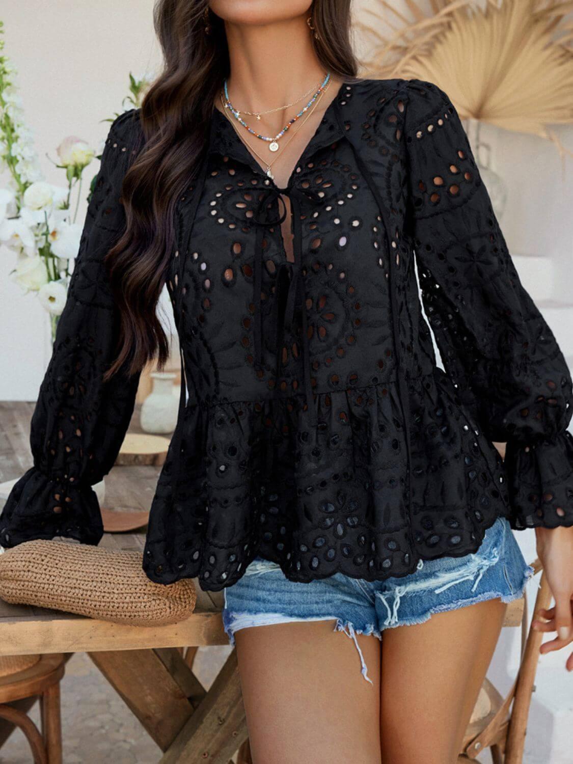 Devine Tie Front Flounce Sleeve Peplum Blouse