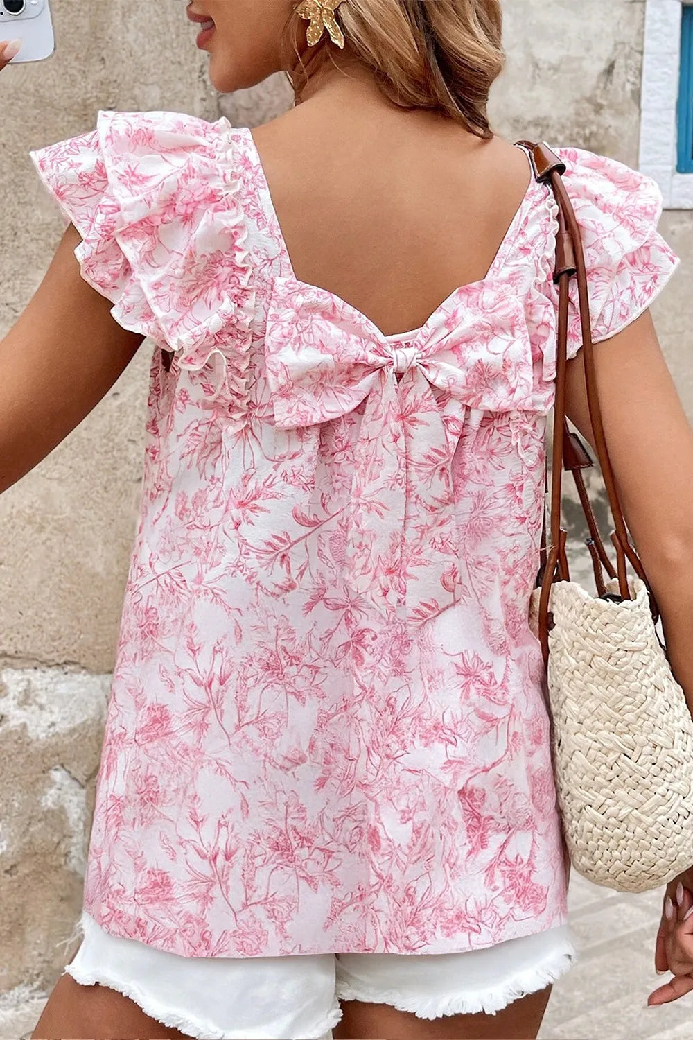 Bow Back Printed Ruffled Cap Sleeve Blouse