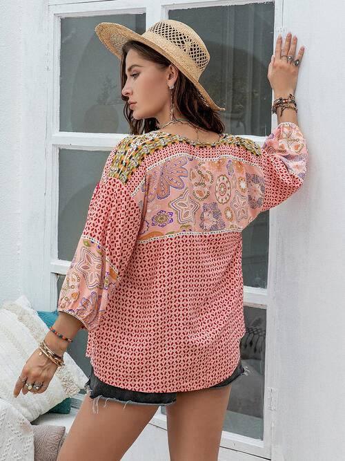 Plus Size Printed Tie Neck Balloon Sleeve Blouse - Clothes For Her Online Store