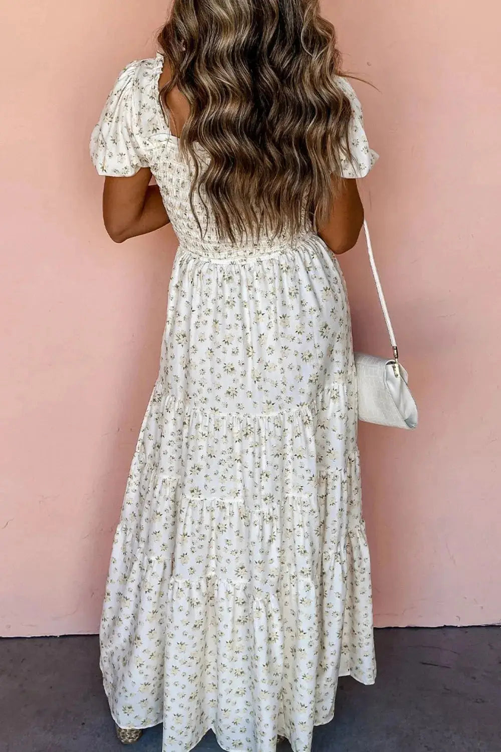 Floral Smocked Short Puff Sleeve Maxi Dress - Clothes For Her Online Store